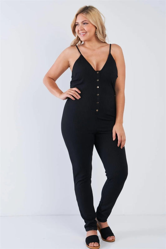 Junior Plus Size Black Ribbed Knit Button Down Spaghetti Strap Jumpsuit /2-2-2 - Tasha Apparel Wholesale
