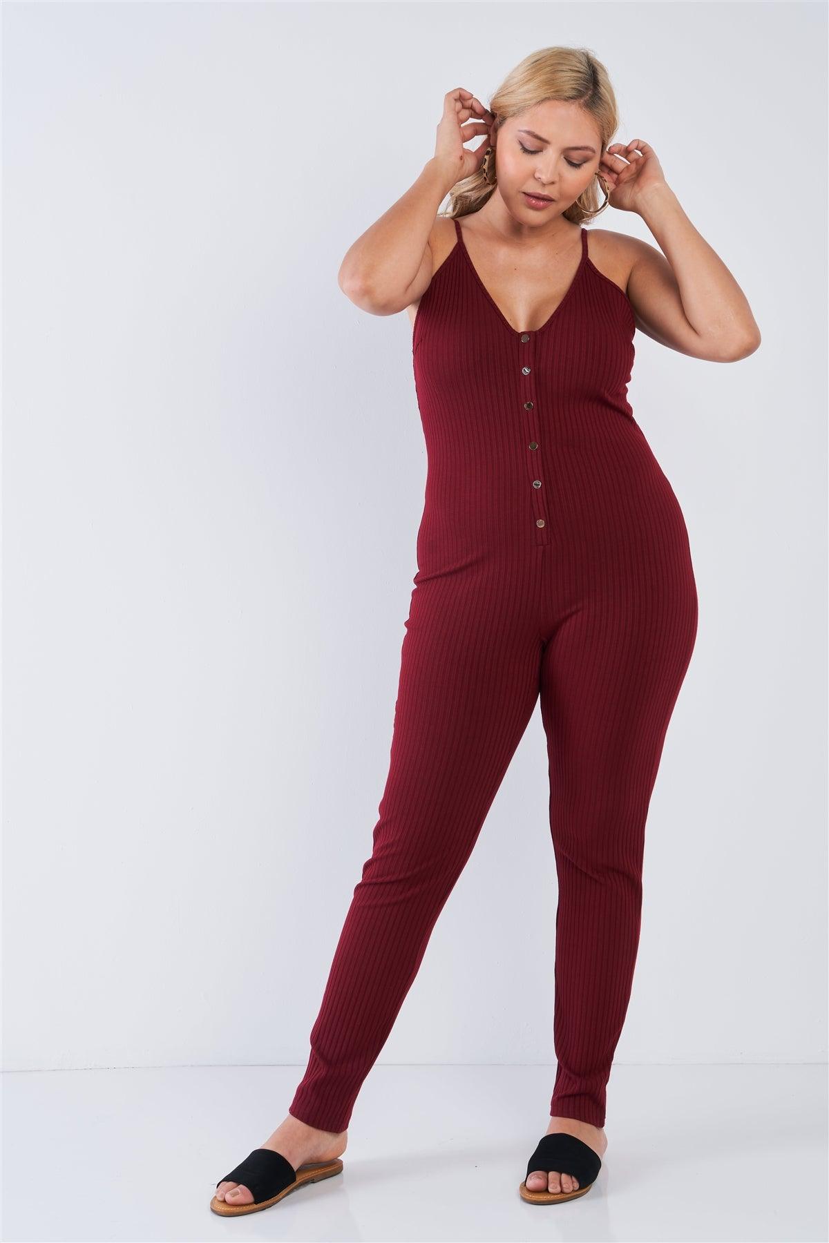 Junior Plus Size Burgundy Ribbed Knit Button Down Spaghetti Strap Jumpsuit