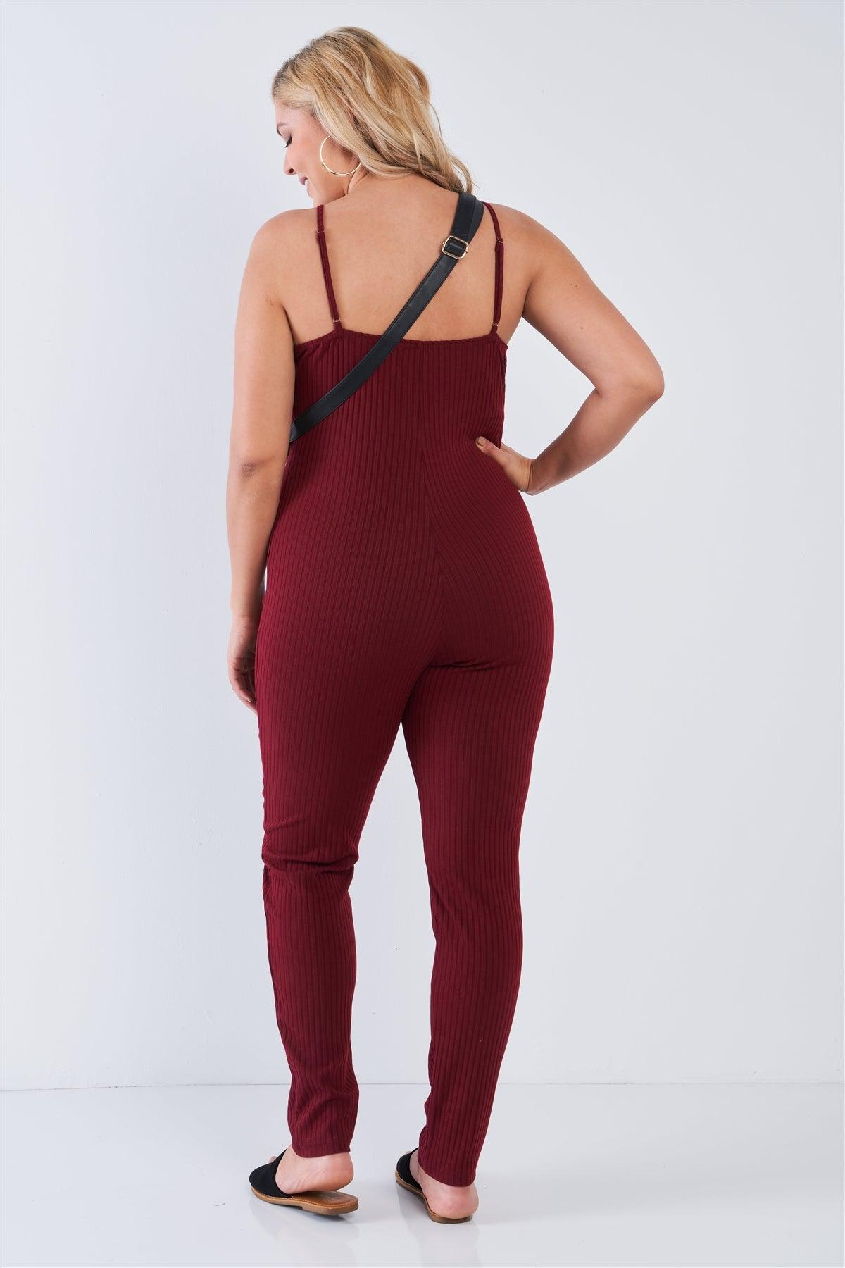 Junior Plus Size Burgundy Ribbed Knit Button Down Spaghetti Strap Jumpsuit