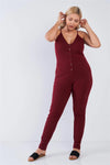 Junior Plus Size Burgundy Ribbed Knit Button Down Spaghetti Strap Jumpsuit /2-2-2 - Tasha Apparel Wholesale