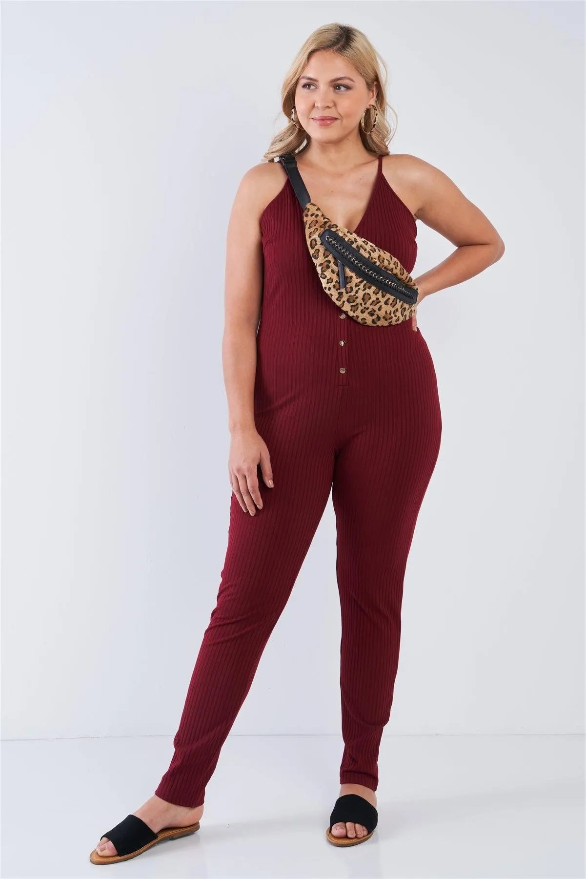 Junior Plus Size Burgundy Ribbed Knit Button Down Spaghetti Strap Jumpsuit /2-2-2 - Tasha Apparel Wholesale