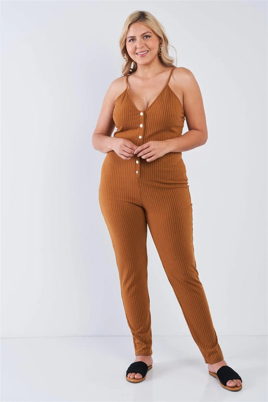 Junior Plus Size Mustard Ribbed Knit Button Down Spaghetti Strap Jumpsuit - Tasha Apparel Wholesale
