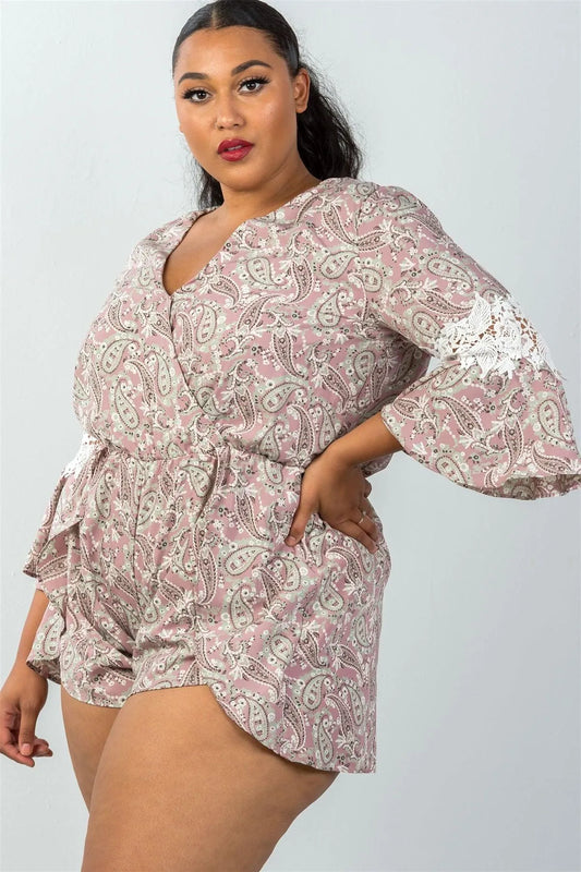 Plus Size Mauve & Floral Crochet Sleeves Surplice Romper / 2-2-2 - Tasha Apparel Wholesale