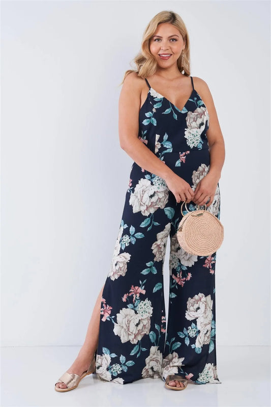 Junior Plus Size Navy Floral V-Neck Double Slit Wide Leg Jumpsuit /2-2-2 - Tasha Apparel Wholesale