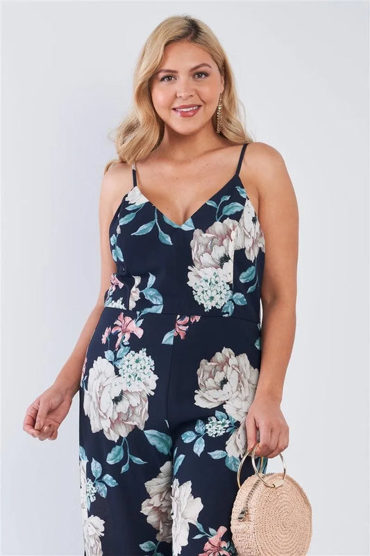 Junior Plus Size Navy Floral V-Neck Double Slit Wide Leg Jumpsuit /3-2-2 - Tasha Apparel Wholesale