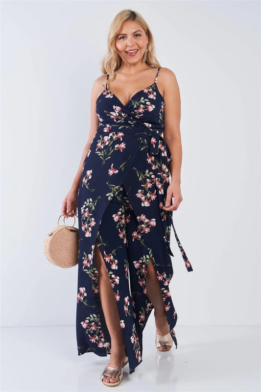 Junior Plus Size Navy Floral Print V-Neck Mock Wrap Wide Leg Slit Jumpsuit /2-2-2 - Tasha Apparel Wholesale