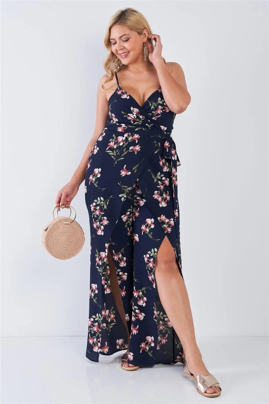 Junior Plus Size Navy Floral Print V-Neck Mock Wrap Wide Leg Slit Jumpsuit /3-2-2 - Tasha Apparel Wholesale