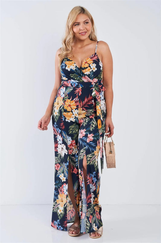 Junior Plus Size Navy Tropical Print V-Neck Wide Leg Slit Jumpsuit /2-1-1 - Tasha Apparel Wholesale