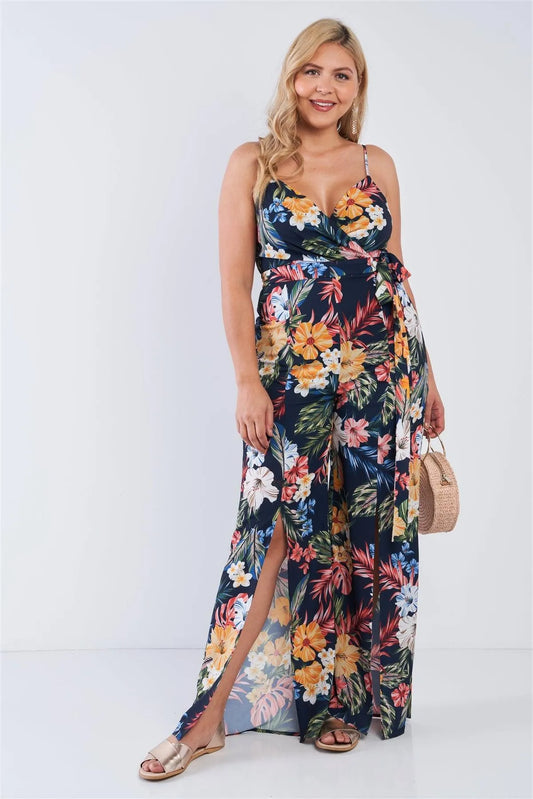 Junior Plus Size Navy Tropical Print V-Neck Wide Leg Slit Jumpsuit /2-2-2 - Tasha Apparel Wholesale