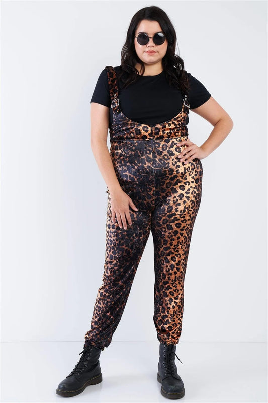 Junior Plus Size Leopard Print High Waist Overall Jumpsuit /2-1-1 - Tasha Apparel Wholesale