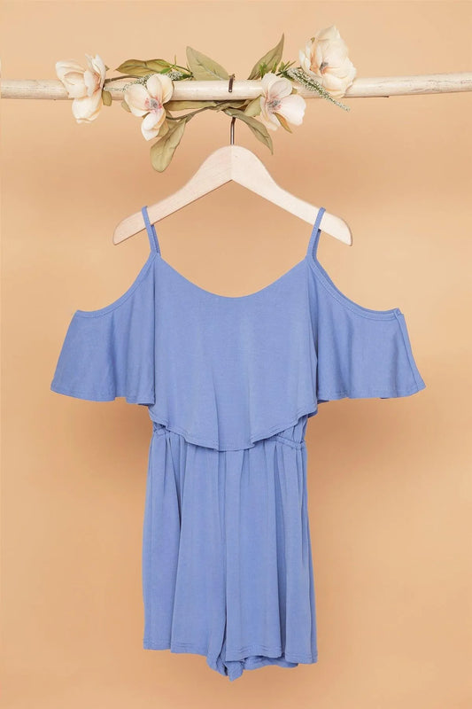 Toddler Girls Blue Cold Shoulder Cami Romper /1-2-2-1 - Tasha Apparel Wholesale