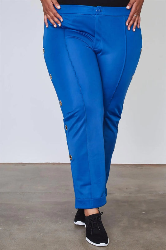 Junior Plus Size Blue Side Metal Grommet Embellished Pants / 2-2-2 - Tasha Apparel Wholesale
