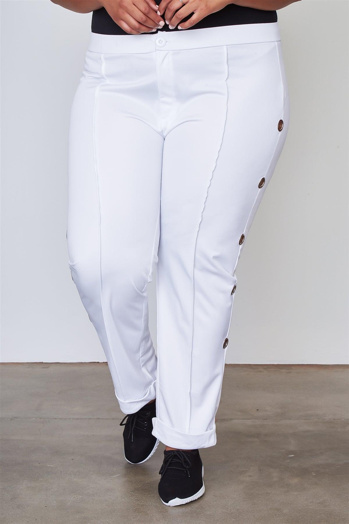 Plus Size White Side Metal Grommet Embellished Pants /2-2-2