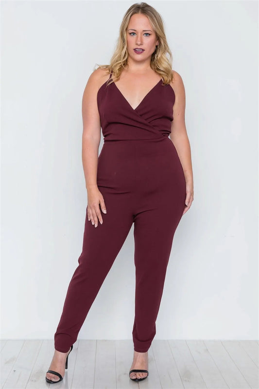 Plus Size Burgundy Surplice Neck Cami Open Back Jumpsuit /2-1-1 - Tasha Apparel Wholesale