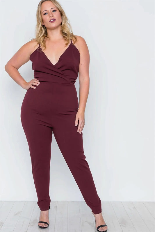 Plus Size Burgundy Surplice Neck Cami Open Back Jumpsuit /2-2-2 - Tasha Apparel Wholesale