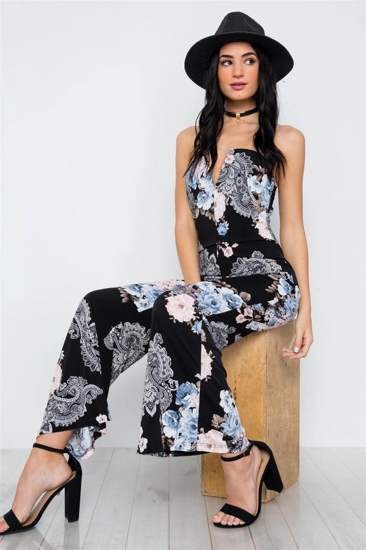 Black Floral Print Strapless Wide Leg Jumpsuit /2-2-2 - Tasha Apparel Wholesale