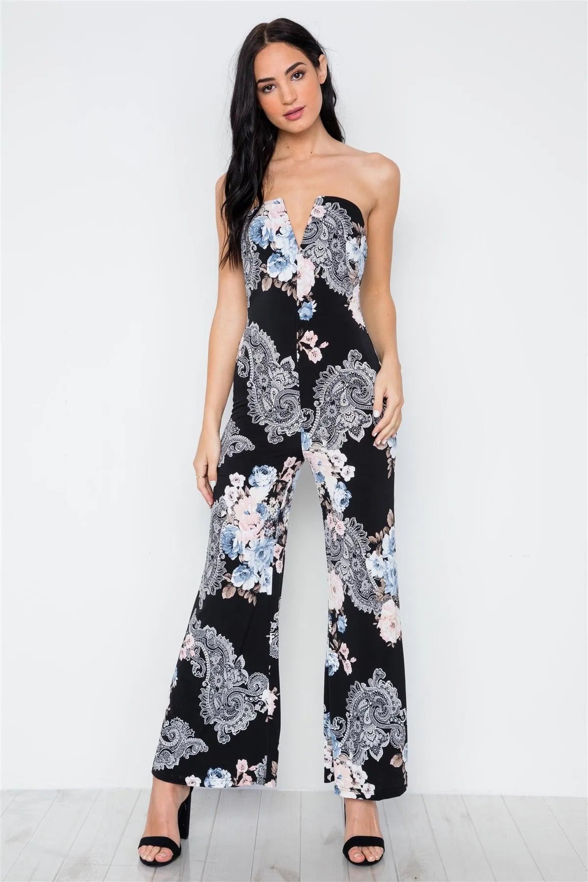 Black Floral Print Strapless Wide Leg Jumpsuit /2-2-2 - Tasha Apparel Wholesale