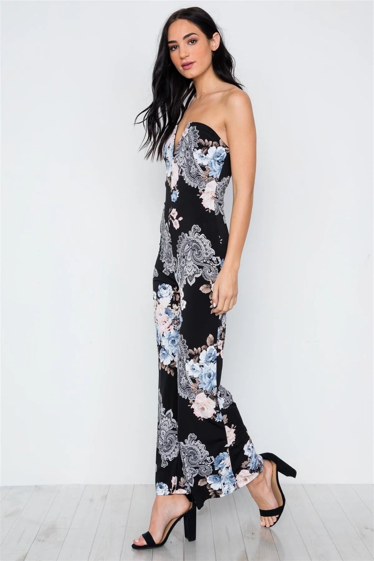 Black Floral Print Strapless Wide Leg Jumpsuit /2-2-2 - Tasha Apparel Wholesale