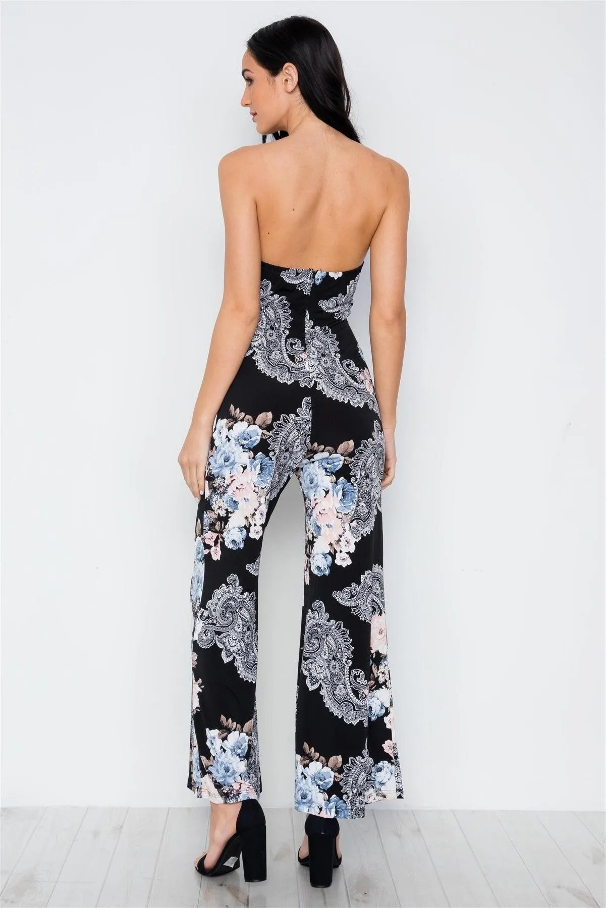 Black Floral Print Strapless Wide Leg Jumpsuit /2-2-2 - Tasha Apparel Wholesale