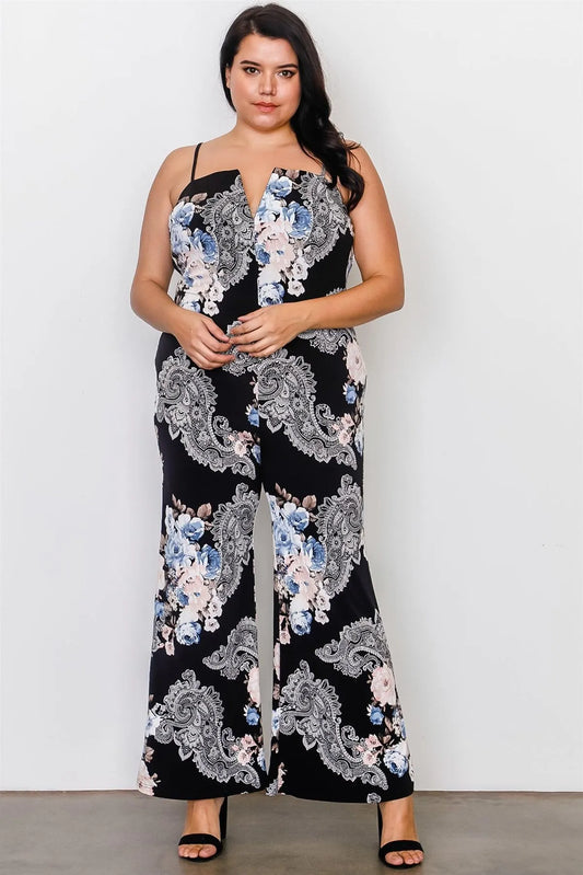 Plus Size Black And Floral Deep V Wire Neckline Jumpsuit /2-2-2 - Tasha Apparel Wholesale