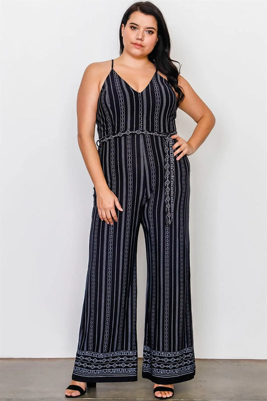 Plus Size Navy Floral Print Belted Jumpsuit /2-2-2 - Tasha Apparel Wholesale