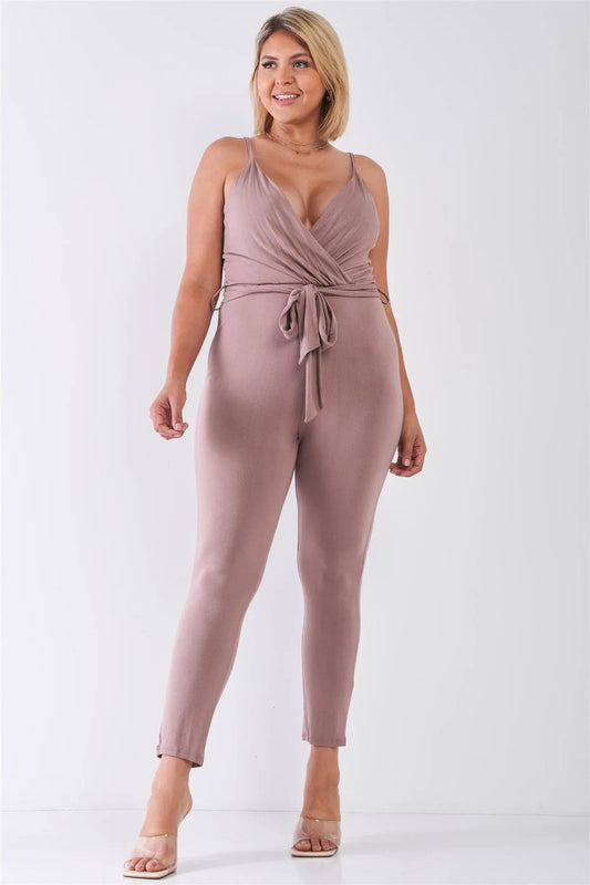 Junior Plus Size Mocha Belted Jumpsuit / 2-2-2 - Tasha Apparel Wholesale