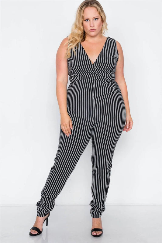 Plus Size Black Stripe V-Neck Bodycon Jumpsuit /2-2-2 - Tasha Apparel Wholesale