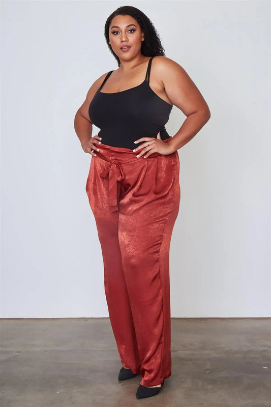 Junior Plus Size Rust Frill Waist Belted Pants - Tasha Apparel Wholesale