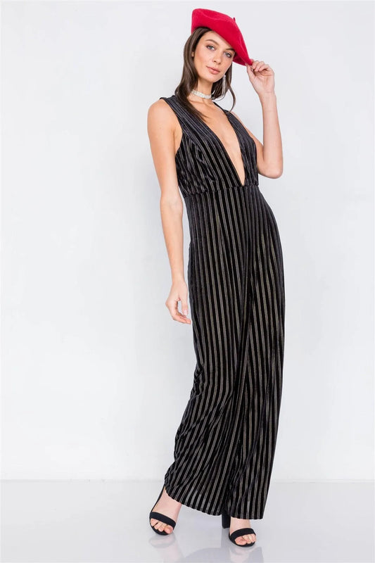 Black & Olive Silver Sheer Velvet Stripe V-Neck Chic Jumpsuit /2-2-2 - Tasha Apparel Wholesale
