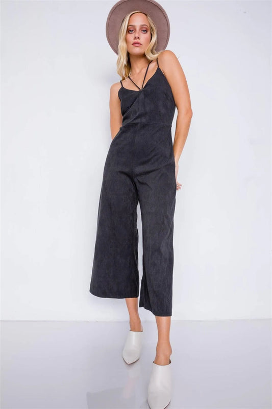 Black Corduroy Velvet Suede Cami V-Neck Straps Gaucho Midi Jumpsuit /2-2-2 - Tasha Apparel Wholesale