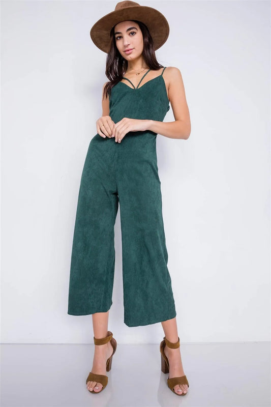 Green Corduroy Suede Cami V-Neck Straps Gaucho Midi Jumpsuit /2-2-2 - Tasha Apparel Wholesale