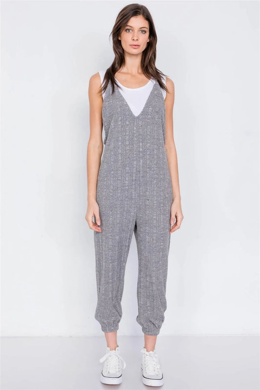 Grey Super Soft Ribbed V-Neck Knit Cinched Ankle Jumpsuit /2-2-2 - Tasha Apparel Wholesale