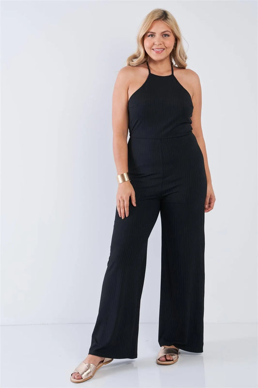 Junior Plus Size Black Halter Neck Rib Knit Wide Leg Jumpsuit /2-2-2 - Tasha Apparel Wholesale