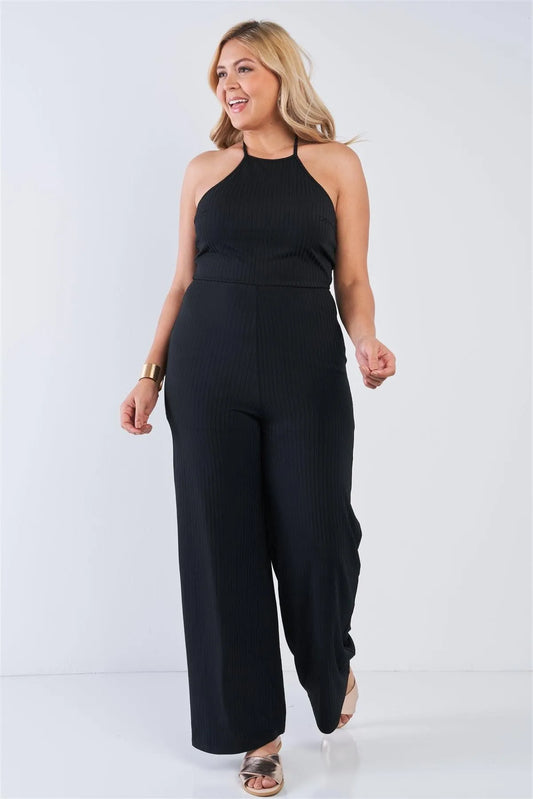 Junior Plus Size Black Halter Neck Rib Knit Wide Leg Jumpsuit /3-2-2 - Tasha Apparel Wholesale