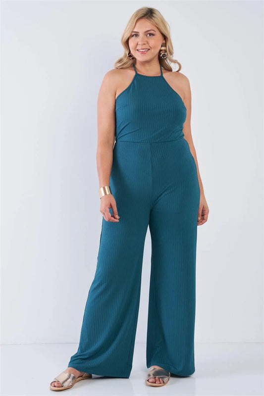 Junior Plus Size Teal Halter Neck Rib Knit Wide Leg Jumpsuit /2-1-1 - Tasha Apparel Wholesale