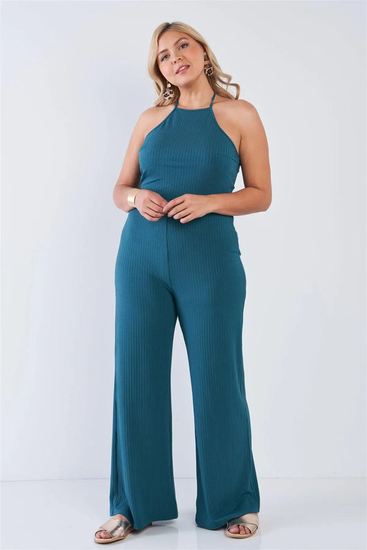 Junior Plus Size Teal Halter Neck Rib Knit Wide Leg Jumpsuit /2-2-2 - Tasha Apparel Wholesale