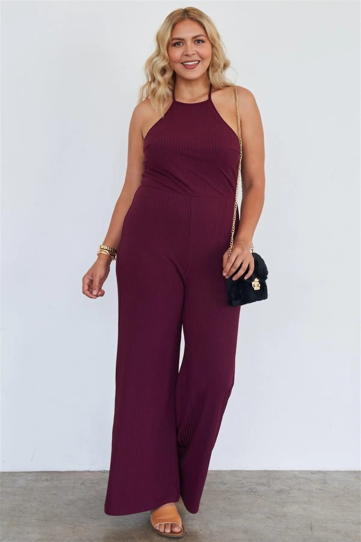 Junior Plus Size Wine Halter Neck Rib Knit Wide Leg Jumpsuit /2-2-2 - Tasha Apparel Wholesale