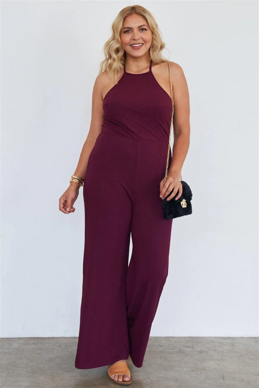 Junior Plus Size Wine Halter Neck Rib Knit Wide Leg Jumpsuit /2-2-2 - Tasha Apparel Wholesale