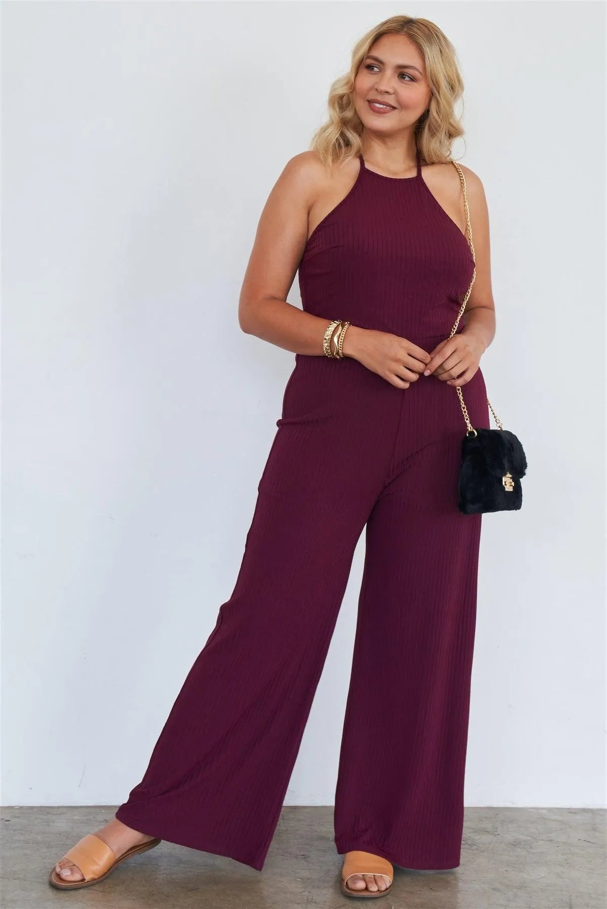 Junior Plus Size Wine Halter Neck Rib Knit Wide Leg Jumpsuit /2-2-2 - Tasha Apparel Wholesale