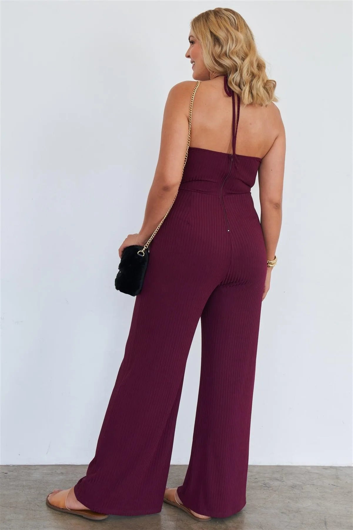 Junior Plus Size Wine Halter Neck Rib Knit Wide Leg Jumpsuit /2-2-2 - Tasha Apparel Wholesale