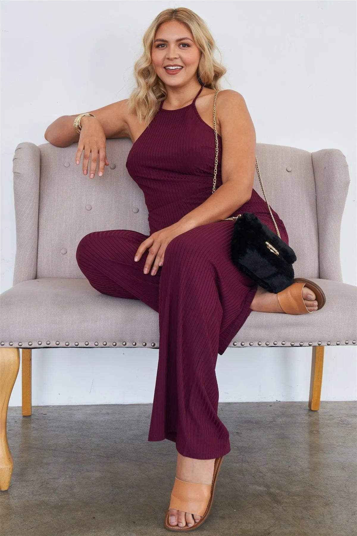 Junior Plus Size Wine Halter Neck Rib Knit Wide Leg Jumpsuit /2-2-2 - Tasha Apparel Wholesale