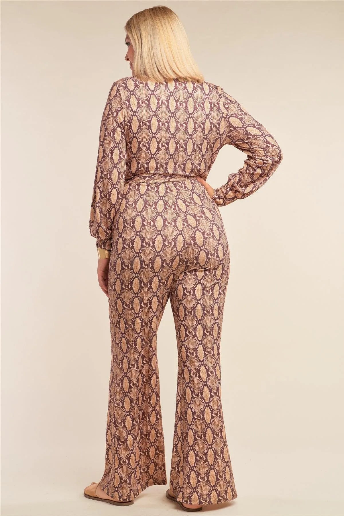 Junior Plus Size Python Print Long Sleeve Wrap V-Neck Flare Leg Jumpsuit /2-2-2 - Tasha Apparel Wholesale