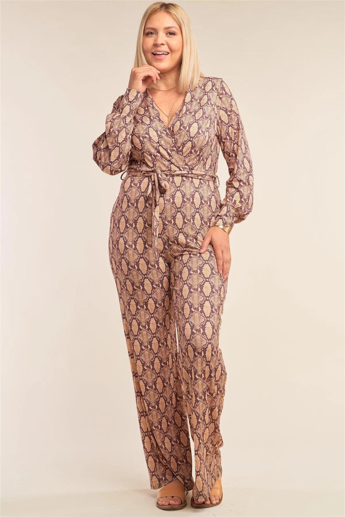 Junior Plus Size Python Print Long Sleeve Wrap V-Neck Flare Leg Jumpsuit /2-2-2 - Tasha Apparel Wholesale
