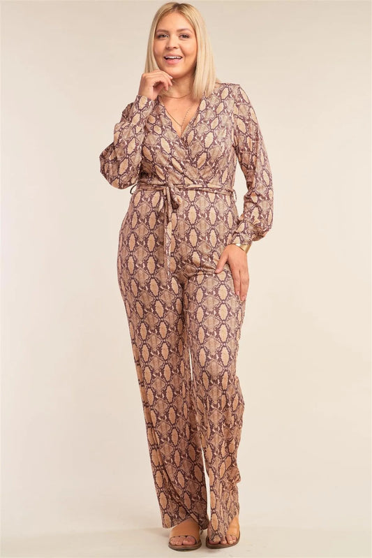 Junior Plus Size Python Print Long Sleeve Wrap V-Neck Flare Leg Jumpsuit /3-2-2 - Tasha Apparel Wholesale