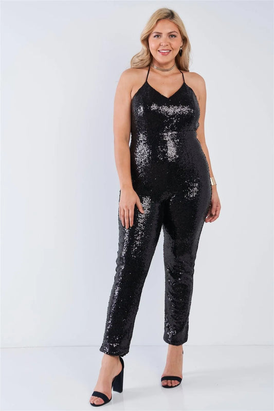 Junior Plus Size Black Sequin V-Neck Criss Cross Open Back Bodycon Jumpsuit /2-2-2 - Tasha Apparel Wholesale