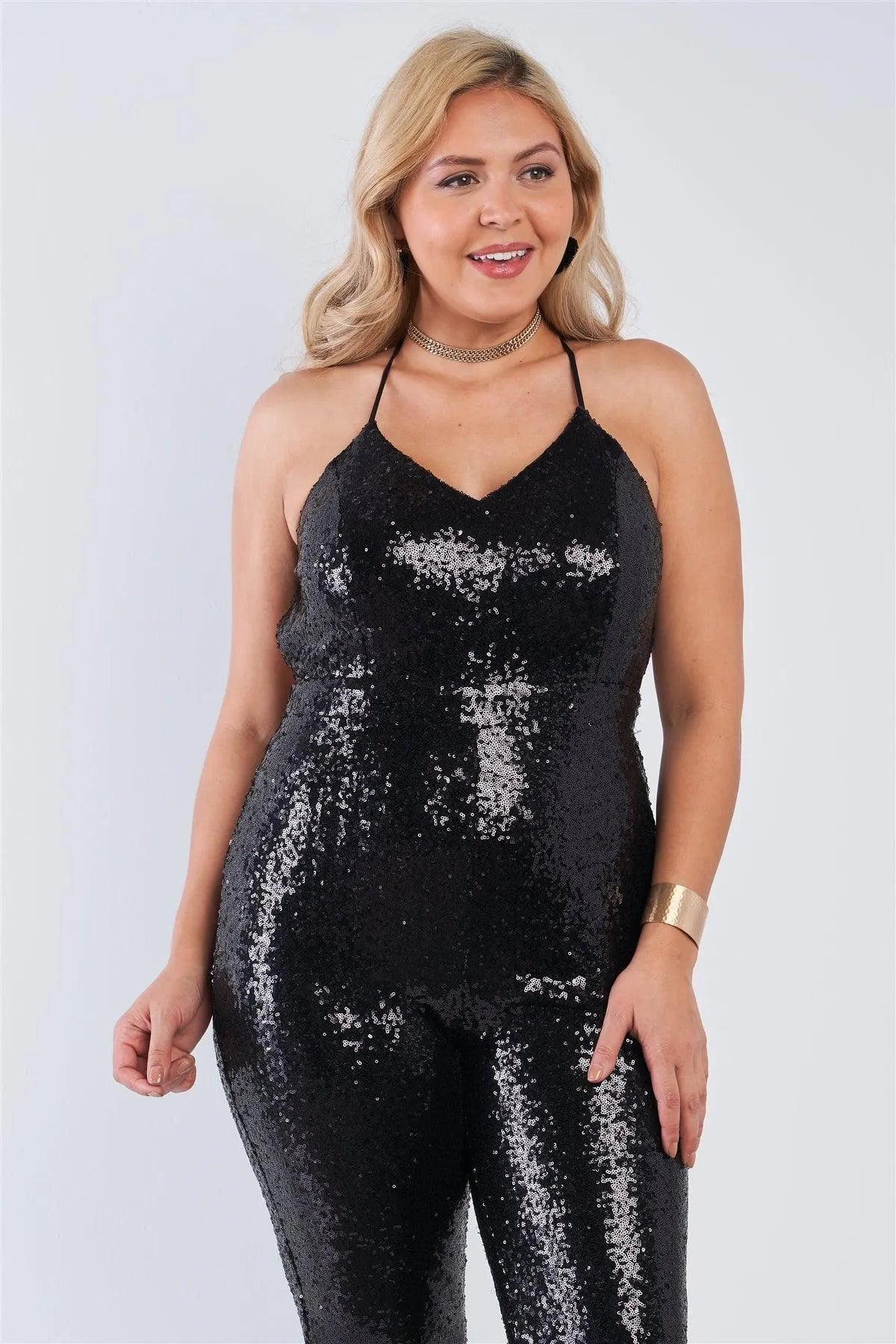 Junior Plus Size Black Sequin V-Neck Criss Cross Open Back Bodycon Jumpsuit /3-2-2 - Tasha Apparel Wholesale