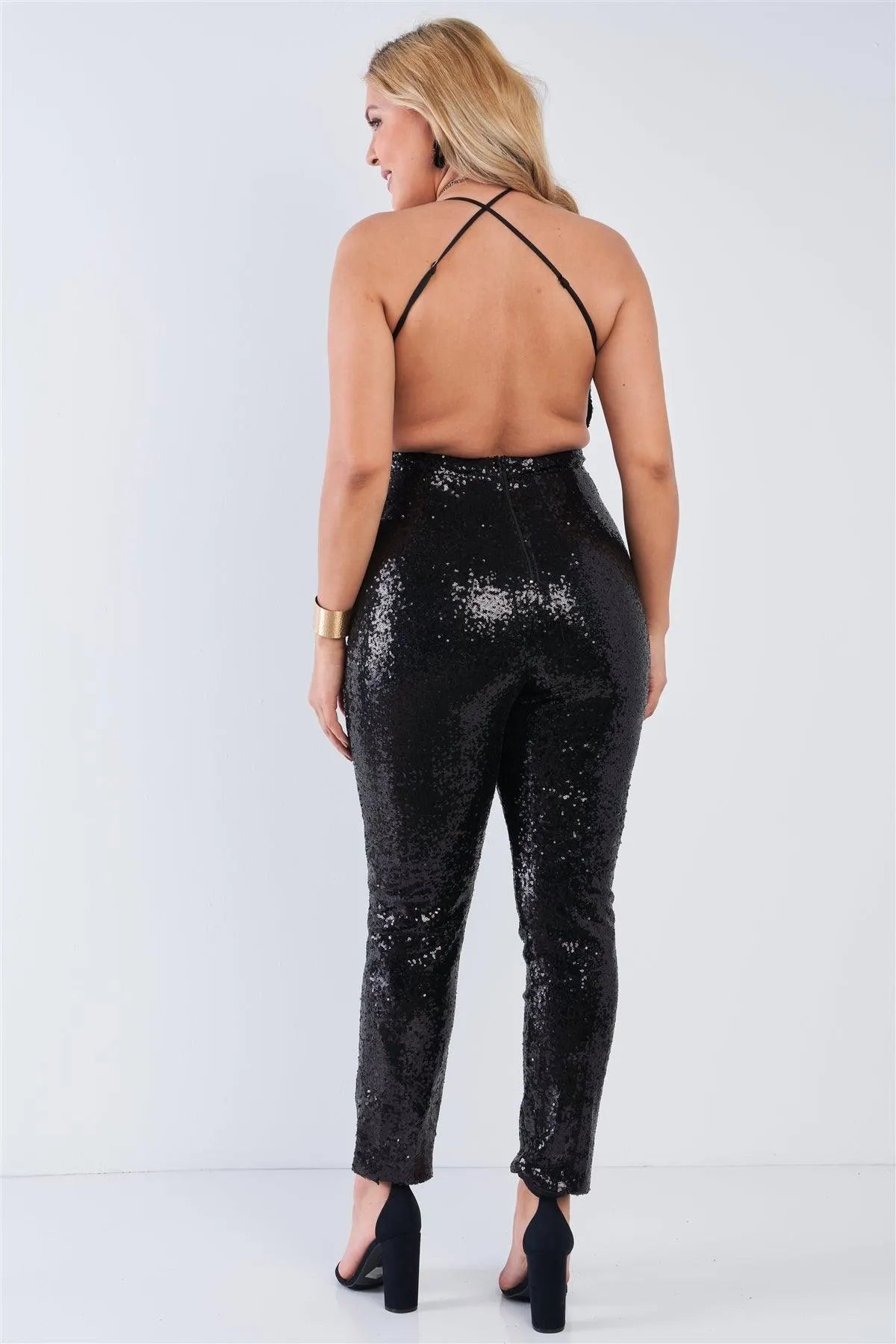 Junior Plus Size Black Sequin V-Neck Criss Cross Open Back Bodycon Jumpsuit /3-2-2 - Tasha Apparel Wholesale