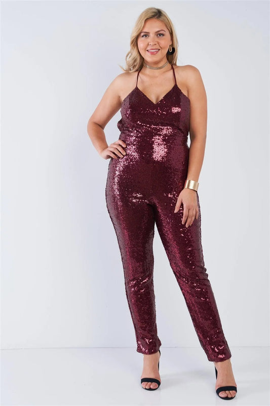 Junior Plus Size Burgundy Sequin V-Neck Criss Cross Open Back Bodycon Jumpsuit /2-2-2 - Tasha Apparel Wholesale