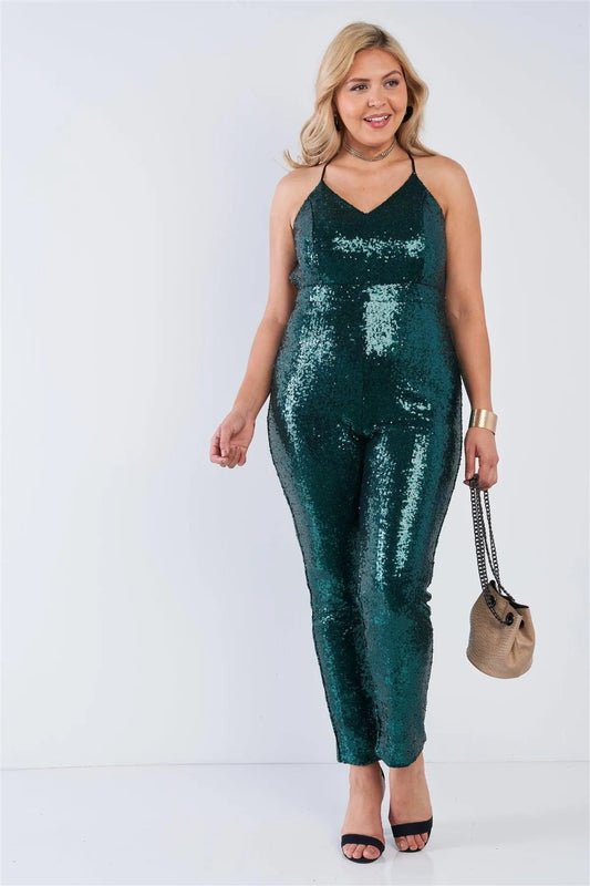 Junior Plus Hunter Green Sequin V-Neck Criss Cross Open Back Bodycon Jumpsuit /2-2-2 - Tasha Apparel Wholesale