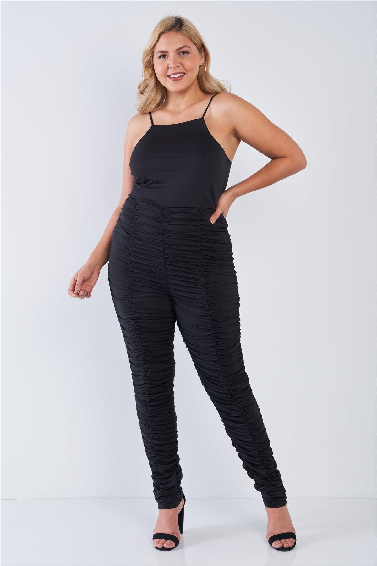 Junior Plus Size Black Scrunched Cami Strap Jumpsuit /2-2-2